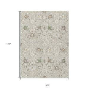 Homeroots 3' Artichoke Green Gray Ivory Oriental Washable Area Rug For Indoor And Outdoor Spaces, Durable Design 9' X 12' Polyester 598020