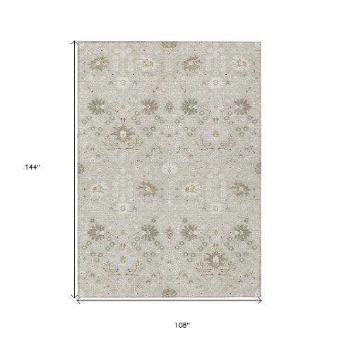 Homeroots 3' Artichoke Green Gray Ivory Oriental Washable Area Rug For Indoor And Outdoor Spaces, Durable Design 9' X 12' Polyester 598020