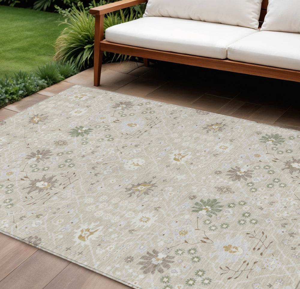 HomeRoots 9' X 12' Elegant Beige, Brown, and Green Washable Oriental Area Rug for Indoor & Outdoor Use 598020