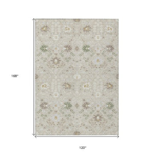 Homeroots 3' Artichoke Green Gray Ivory Oriental Washable Area Rug For Indoor And Outdoor Spaces, Durable Design 10' X 14' Polyester 598021