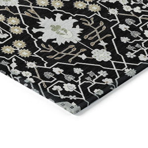 HomeRoots 5' Elegant Black Ivory and Gray Oriental Area Rug - Durable, Washable Design for Indoor and Outdoor Use 5' X 8' 598023