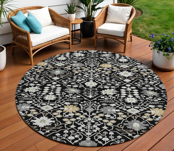 Homeroots 3' Artichoke Green Gray Ivory Oriental Washable Area Rug For Indoor And Outdoor Spaces, Durable Design 8' Round Polyester 598024