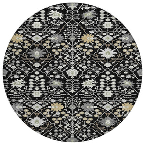HomeRoots 5' Elegant Black Ivory and Gray Oriental Area Rug - Durable, Washable Design for Indoor and Outdoor Use 8' Round 598024