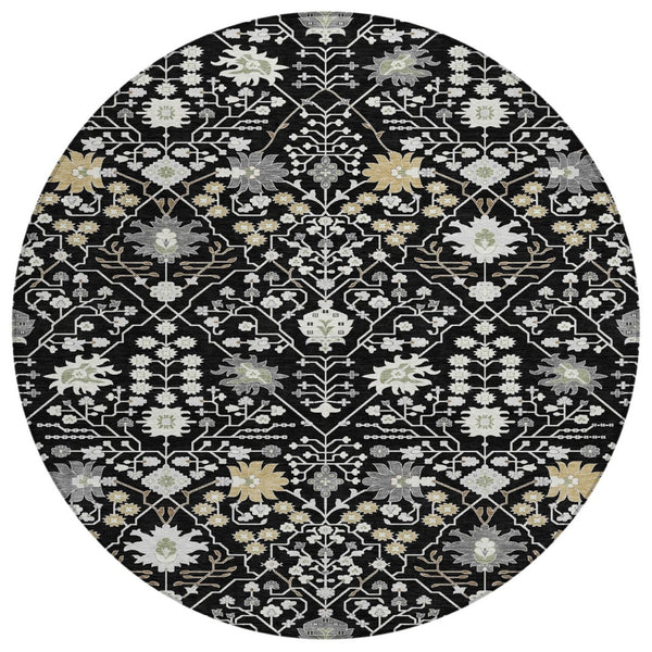 HomeRoots 5' Elegant Black Ivory and Gray Oriental Area Rug - Durable, Washable Design for Indoor and Outdoor Use 8' Round 598024
