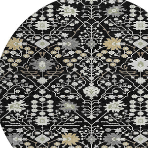 Homeroots 3' Artichoke Green Gray Ivory Oriental Washable Area Rug For Indoor And Outdoor Spaces, Durable Design 8' Round Polyester 598024