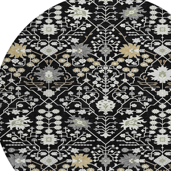 Homeroots 3' Artichoke Green Gray Ivory Oriental Washable Area Rug For Indoor And Outdoor Spaces, Durable Design 8' Round Polyester 598024