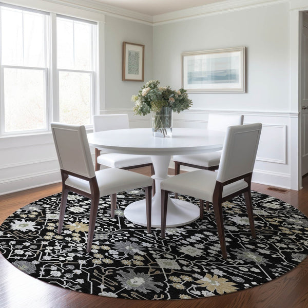 Homeroots 3' Artichoke Green Gray Ivory Oriental Washable Area Rug For Indoor And Outdoor Spaces, Durable Design 8' Round Polyester 598024