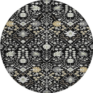 Homeroots 3' Artichoke Green Gray Ivory Oriental Washable Area Rug For Indoor And Outdoor Spaces, Durable Design 8' Round Polyester 598024