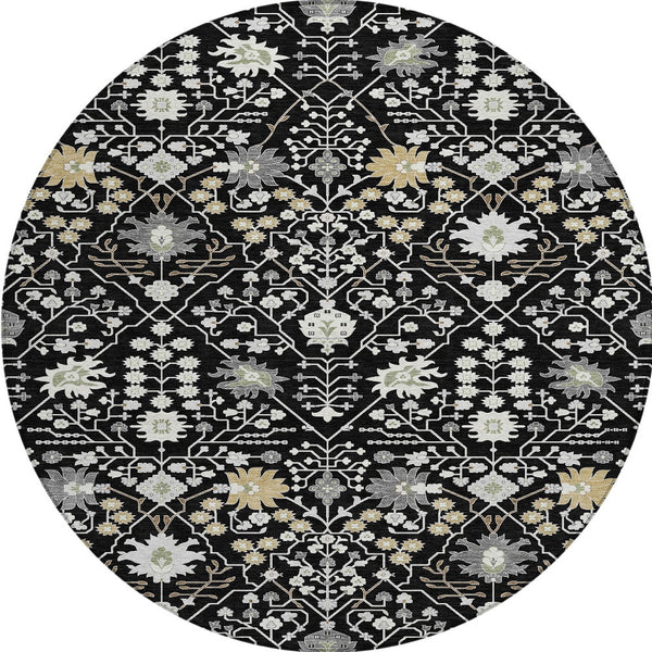 Homeroots 3' Artichoke Green Gray Ivory Oriental Washable Area Rug For Indoor And Outdoor Spaces, Durable Design 8' Round Polyester 598024