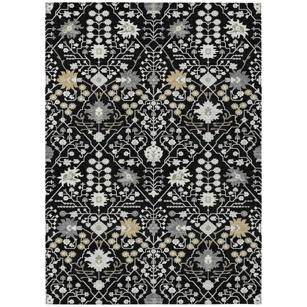 HomeRoots 5' Elegant Black Ivory and Gray Oriental Area Rug - Durable, Washable Design for Indoor and Outdoor Use 8' X 10' 598025