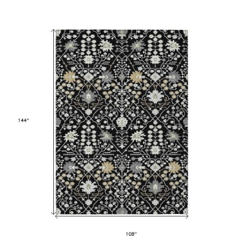 Homeroots 3' Artichoke Green Gray Ivory Oriental Washable Area Rug For Indoor And Outdoor Spaces, Durable Design 9' X 12' Polyester 598026