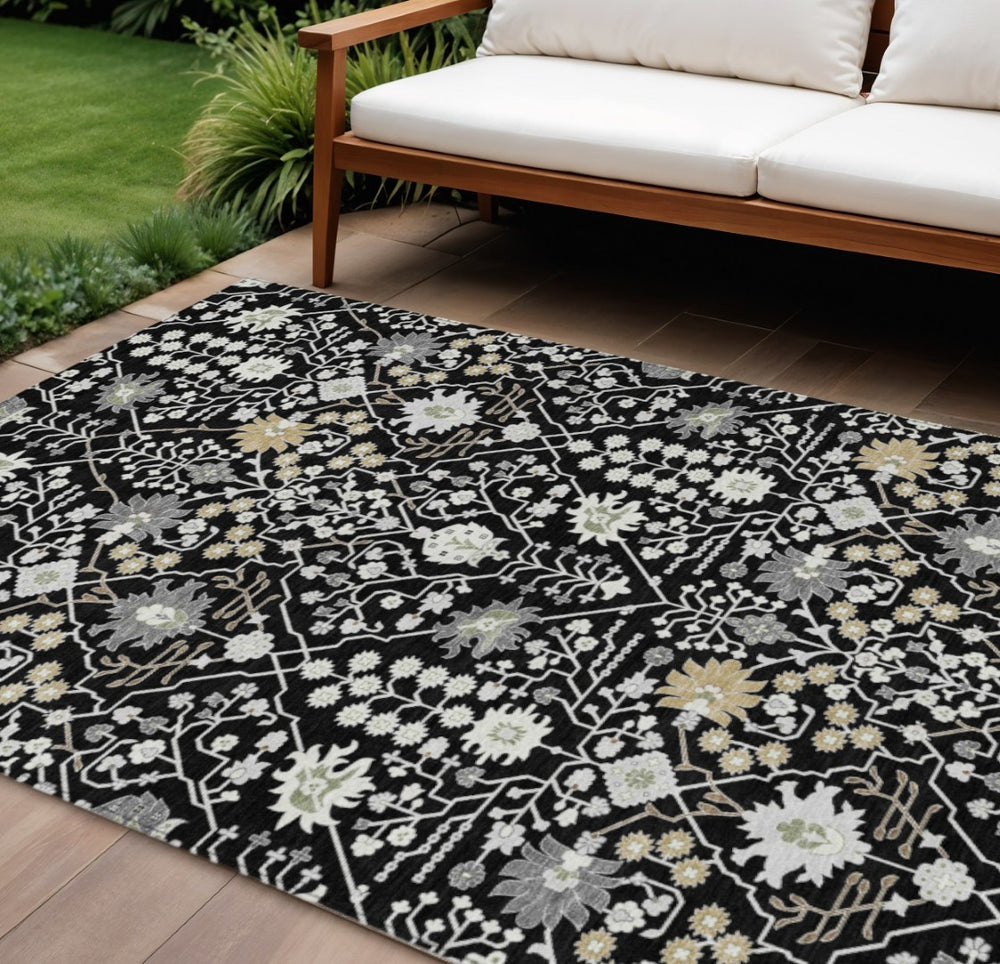 HomeRoots 9' X 12' Black Ivory and Gray Vintage Oriental Washable Area Rug for Indoor & Outdoor Elegance 598026