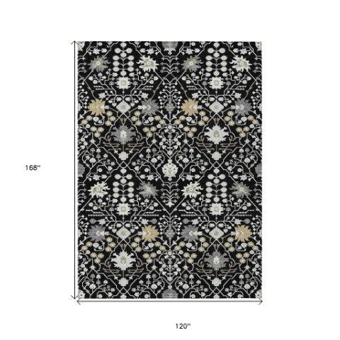 Homeroots 3' Artichoke Green Gray Ivory Oriental Washable Area Rug For Indoor And Outdoor Spaces, Durable Design 10' X 14' Polyester 598027
