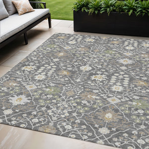 Homeroots 3' Artichoke Green Gray Ivory Oriental Washable Area Rug For Indoor And Outdoor Spaces, Durable Design 5' X 8' Polyester 598029
