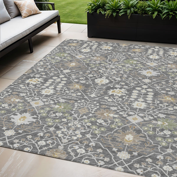 Homeroots 3' Artichoke Green Gray Ivory Oriental Washable Area Rug For Indoor And Outdoor Spaces, Durable Design 5' X 8' Polyester 598029