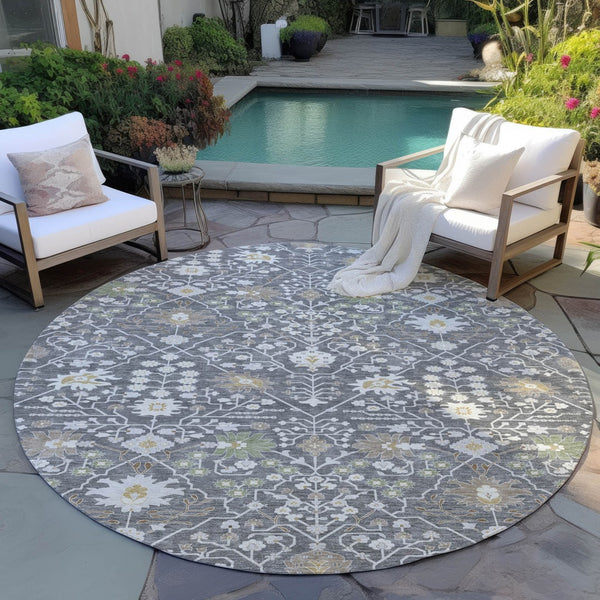 Homeroots 3' Artichoke Green Gray Ivory Oriental Washable Area Rug For Indoor And Outdoor Spaces, Durable Design 8' Round Polyester 598030
