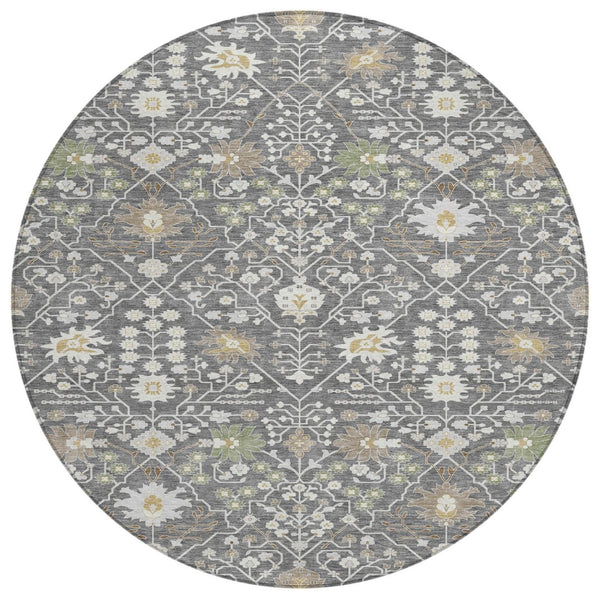 HomeRoots 5' Charcoal Ivory Green Oriental Area Rug - Durable, Washable, Indoor/Outdoor Elegance for Every Space 8' Round 598030