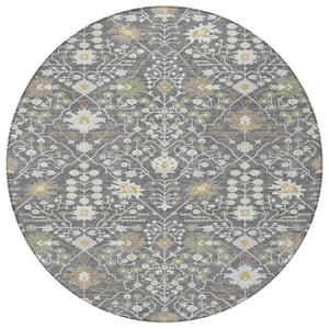 Homeroots 3' Artichoke Green Gray Ivory Oriental Washable Area Rug For Indoor And Outdoor Spaces, Durable Design 8' Round Polyester 598030