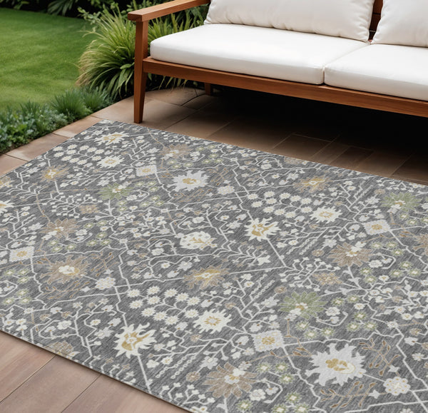 Homeroots 3' Artichoke Green Gray Ivory Oriental Washable Area Rug For Indoor And Outdoor Spaces, Durable Design 8' X 10' Polyester 598031