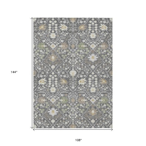 Homeroots 3' Artichoke Green Gray Ivory Oriental Washable Area Rug For Indoor And Outdoor Spaces, Durable Design 9' X 12' Polyester 598032