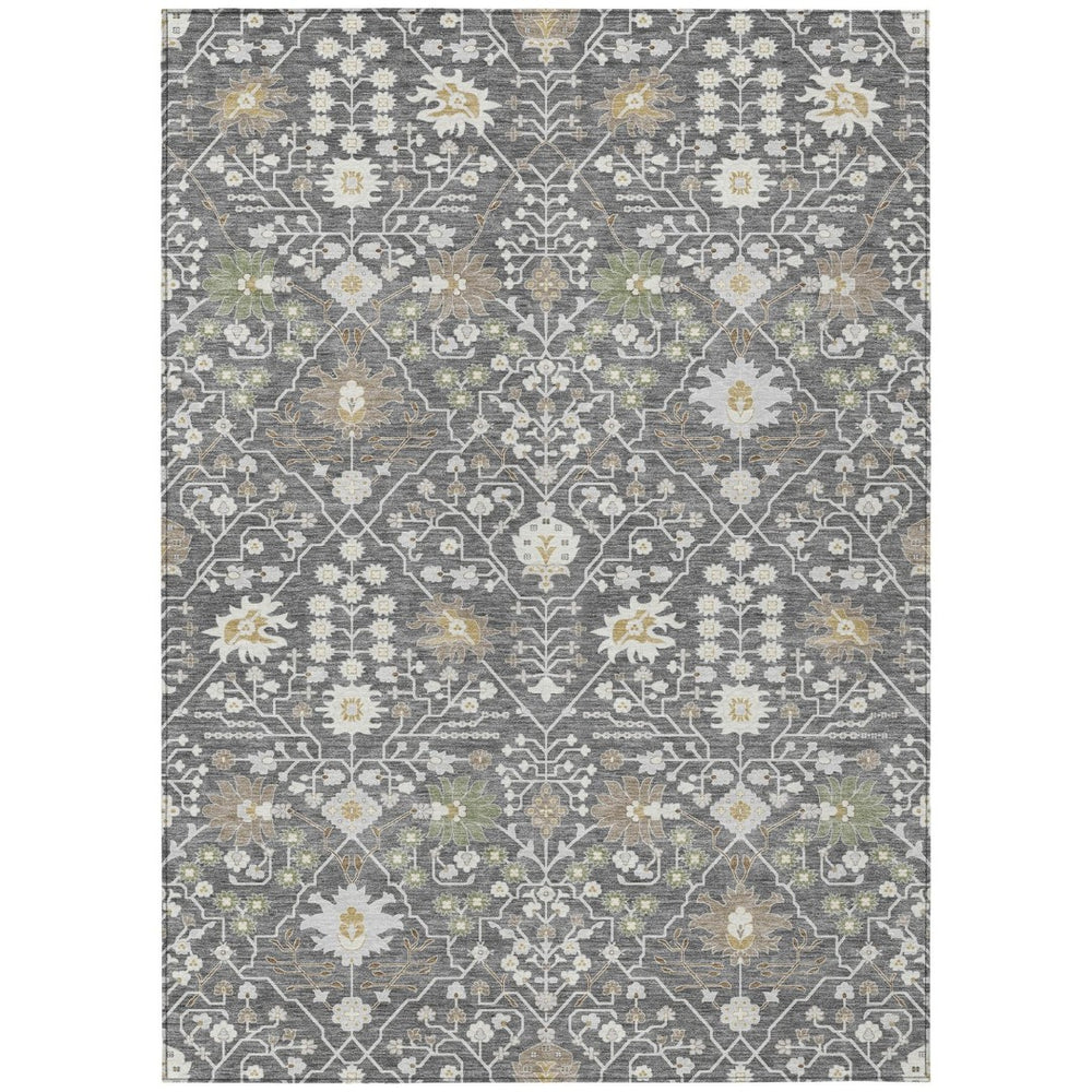 HomeRoots 9' x 12' Washable Charcoal Ivory Green Oriental Area Rug for Indoor & Outdoor High-Traffic Spaces 598032
