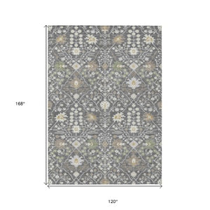 Homeroots 3' Artichoke Green Gray Ivory Oriental Washable Area Rug For Indoor And Outdoor Spaces, Durable Design 10' X 14' Polyester 598033