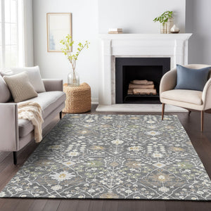 Homeroots 3' Artichoke Green Gray Ivory Oriental Washable Area Rug For Indoor And Outdoor Spaces, Durable Design 10' X 14' Polyester 598033