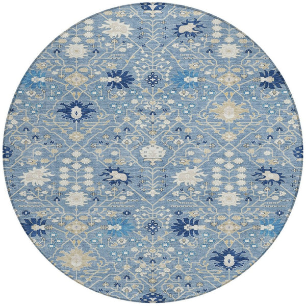 Homeroots 3' Artichoke Green Gray Ivory Oriental Washable Area Rug For Indoor And Outdoor Spaces, Durable Design 8' Round Polyester 598036