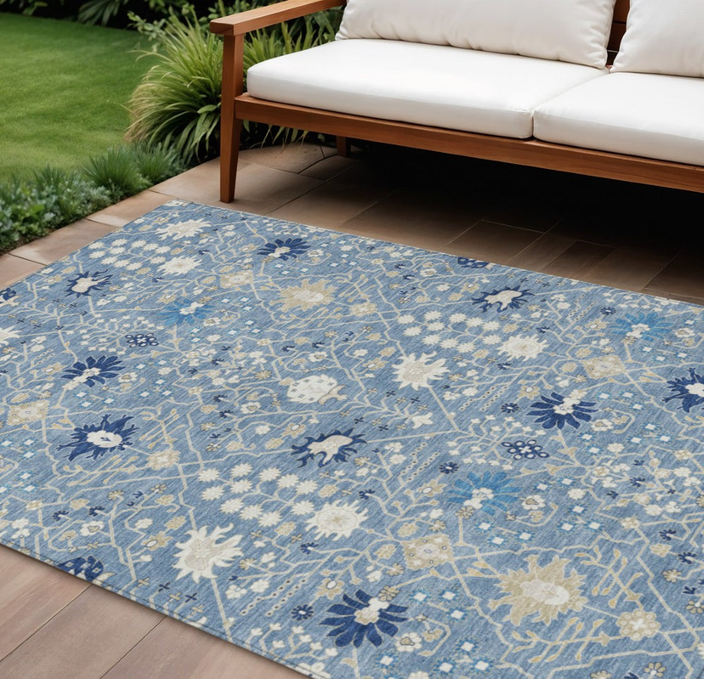 HomeRoots 9' X 12' Washable Denim Blue Ivory Beige Oriental Rug – Durable, Stylish, Indoor/Outdoor Versatility 598038