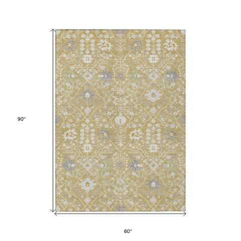 Homeroots 3' Artichoke Green Gray Ivory Oriental Washable Area Rug For Indoor And Outdoor Spaces, Durable Design 5' X 8' Polyester 598041