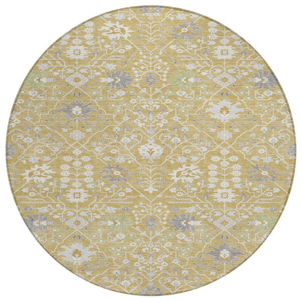 HomeRoots 5' Elegant Gold Ivory and Gray Oriental Washable Area Rug for Indoor and Outdoor Spaces 8' Round 598042
