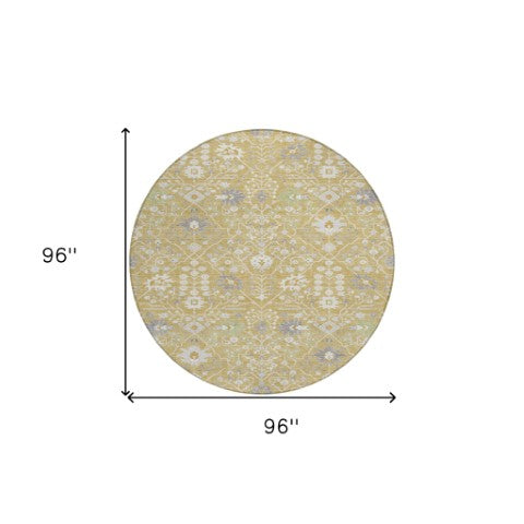 Homeroots 3' Artichoke Green Gray Ivory Oriental Washable Area Rug For Indoor And Outdoor Spaces, Durable Design 8' Round Polyester 598042