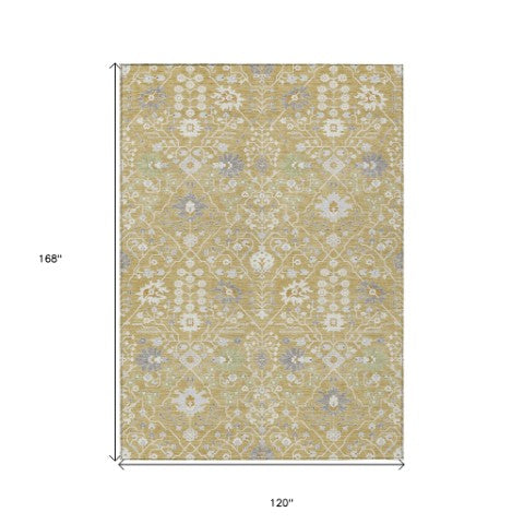 Homeroots 3' Artichoke Green Gray Ivory Oriental Washable Area Rug For Indoor And Outdoor Spaces, Durable Design 10' X 14' Polyester 598045