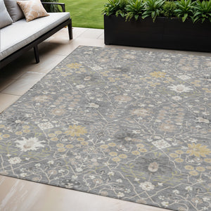 Homeroots 3' Artichoke Green Gray Ivory Oriental Washable Area Rug For Indoor And Outdoor Spaces, Durable Design 5' X 8' Polyester 598047