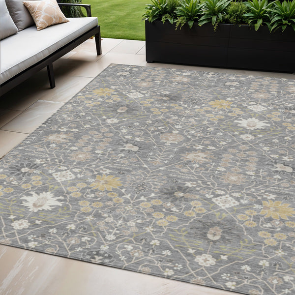 Homeroots 3' Artichoke Green Gray Ivory Oriental Washable Area Rug For Indoor And Outdoor Spaces, Durable Design 5' X 8' Polyester 598047