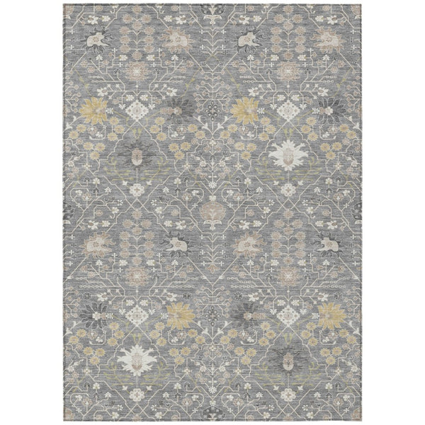 HomeRoots 5' Timeless Gray Gold & Ivory Oriental Area Rug - Durable, Washable, Indoor/Outdoor Elegance for All Spaces 5' X 8' 598047