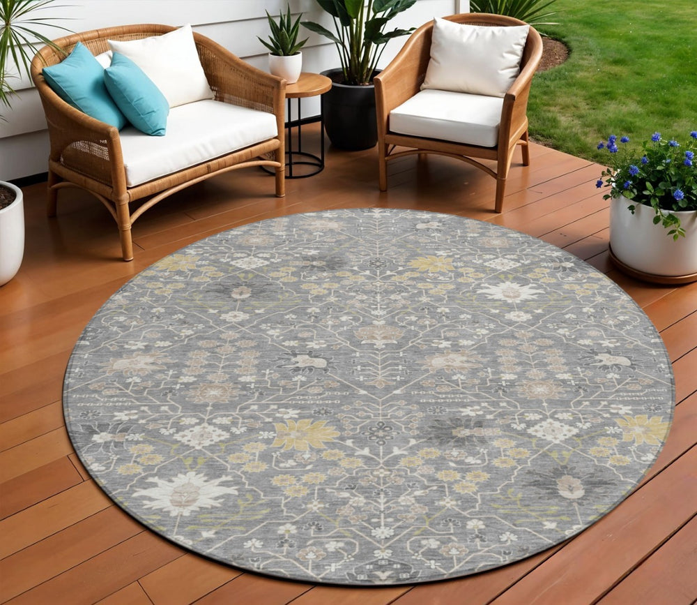 HomeRoots 5' Timeless Gray Gold & Ivory Oriental Area Rug - Durable, Washable, Indoor/Outdoor Elegance for All Spaces 8' Round 598048