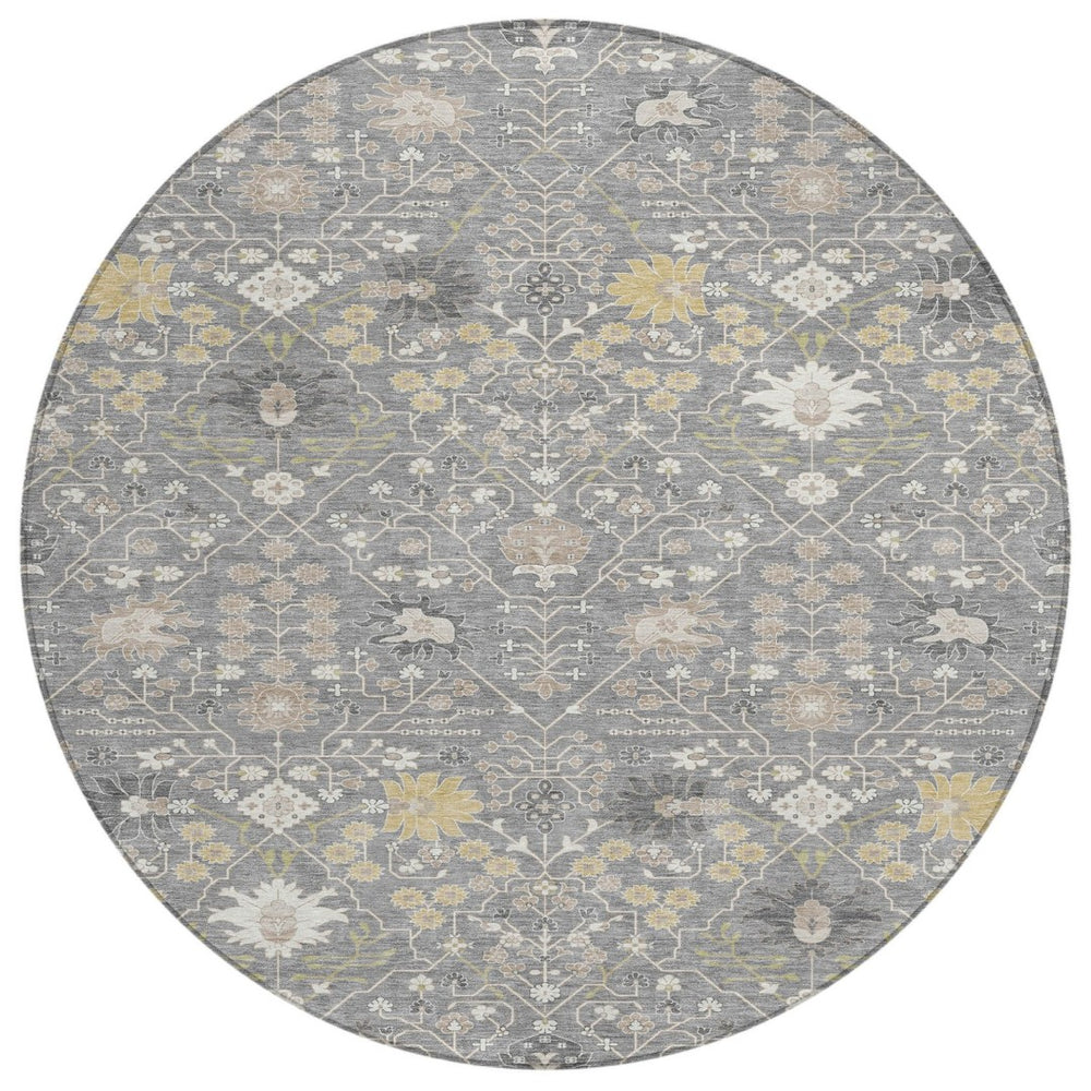 HomeRoots 5' Timeless Gray Gold & Ivory Oriental Area Rug - Durable, Washable, Indoor/Outdoor Elegance for All Spaces 8' Round 598048