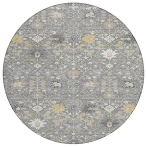 HomeRoots 5' Timeless Gray Gold & Ivory Oriental Area Rug - Durable, Washable, Indoor/Outdoor Elegance for All Spaces 8' Round 598048