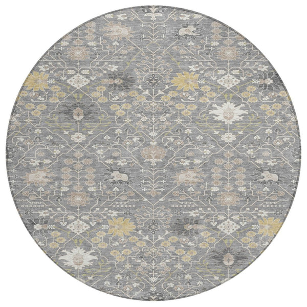 HomeRoots 5' Timeless Gray Gold & Ivory Oriental Area Rug - Durable, Washable, Indoor/Outdoor Elegance for All Spaces 8' Round 598048