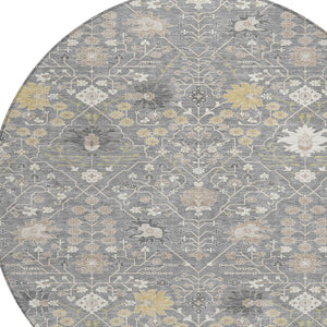Homeroots 3' Artichoke Green Gray Ivory Oriental Washable Area Rug For Indoor And Outdoor Spaces, Durable Design 8' Round Polyester 598048
