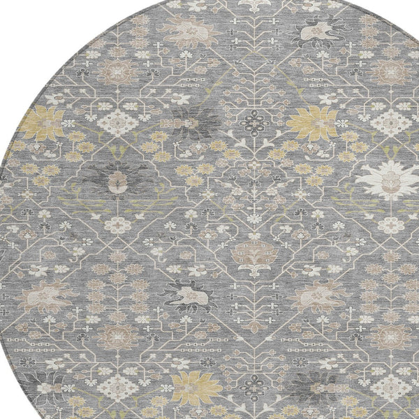 Homeroots 3' Artichoke Green Gray Ivory Oriental Washable Area Rug For Indoor And Outdoor Spaces, Durable Design 8' Round Polyester 598048