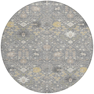 Homeroots 3' Artichoke Green Gray Ivory Oriental Washable Area Rug For Indoor And Outdoor Spaces, Durable Design 8' Round Polyester 598048