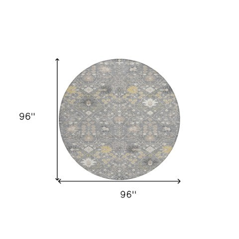 Homeroots 3' Artichoke Green Gray Ivory Oriental Washable Area Rug For Indoor And Outdoor Spaces, Durable Design 8' Round Polyester 598048