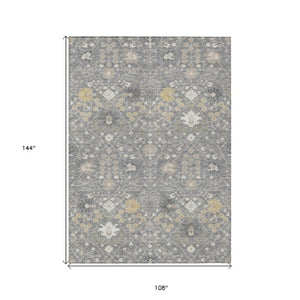 Homeroots 3' Artichoke Green Gray Ivory Oriental Washable Area Rug For Indoor And Outdoor Spaces, Durable Design 9' X 12' Polyester 598050