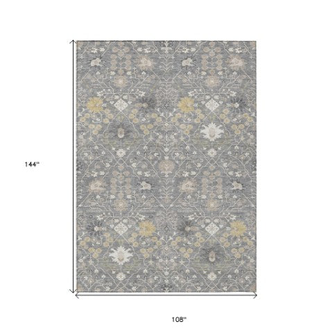 Homeroots 3' Artichoke Green Gray Ivory Oriental Washable Area Rug For Indoor And Outdoor Spaces, Durable Design 9' X 12' Polyester 598050