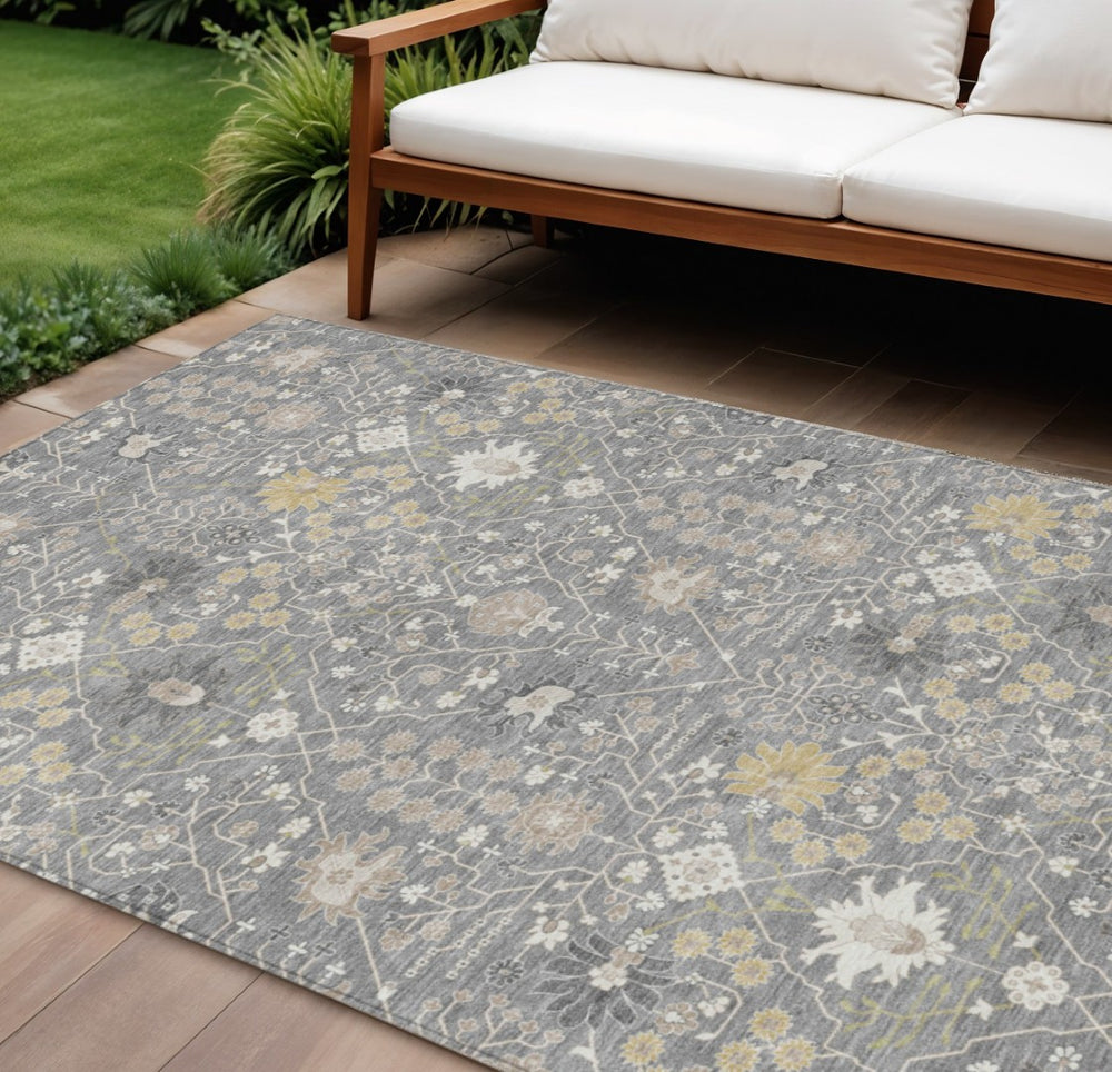 HomeRoots 9' X 12' Elegant Gray Gold Ivory Oriental Area Rug – Washable, Durable for Indoor & Outdoor Use! 598050