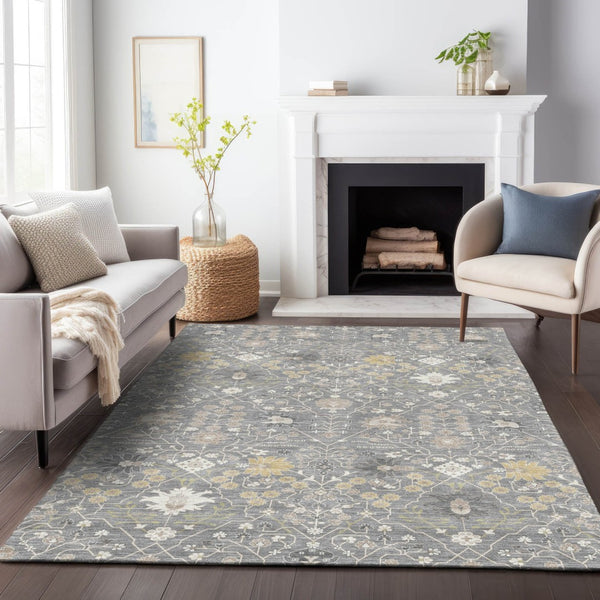 HomeRoots 9' X 12' Elegant Gray Gold Ivory Oriental Area Rug – Washable, Durable for Indoor & Outdoor Use! 598050