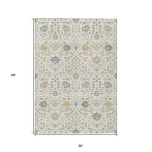 Homeroots 3' Artichoke Green Gray Ivory Oriental Washable Area Rug For Indoor And Outdoor Spaces, Durable Design 3' X 5' Polyester 598052