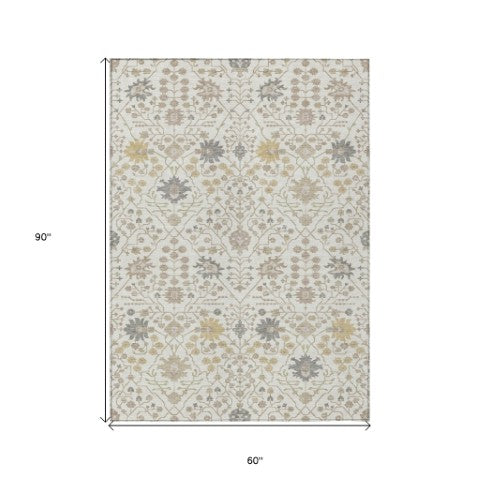 Homeroots 3' Artichoke Green Gray Ivory Oriental Washable Area Rug For Indoor And Outdoor Spaces, Durable Design 5' X 8' Polyester 598053